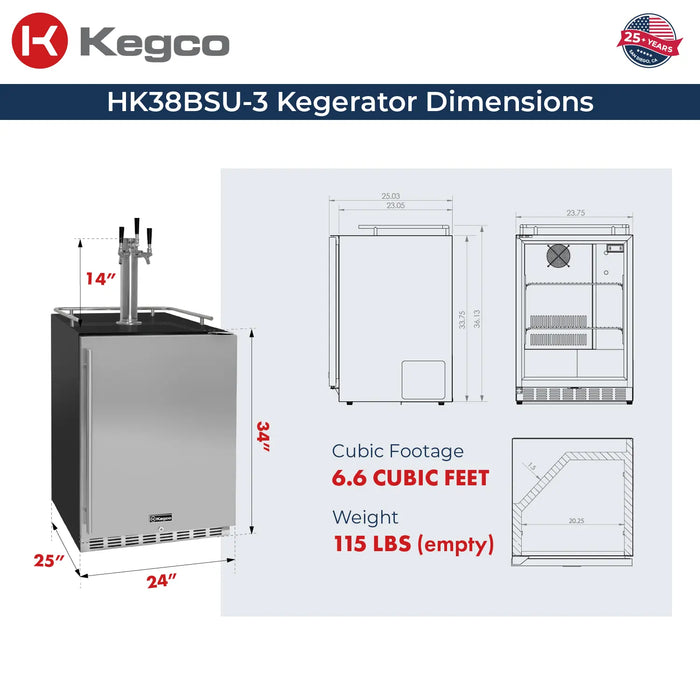 Kegco Undercounter Commercial-Grade Triple Tap Digital Kegerator